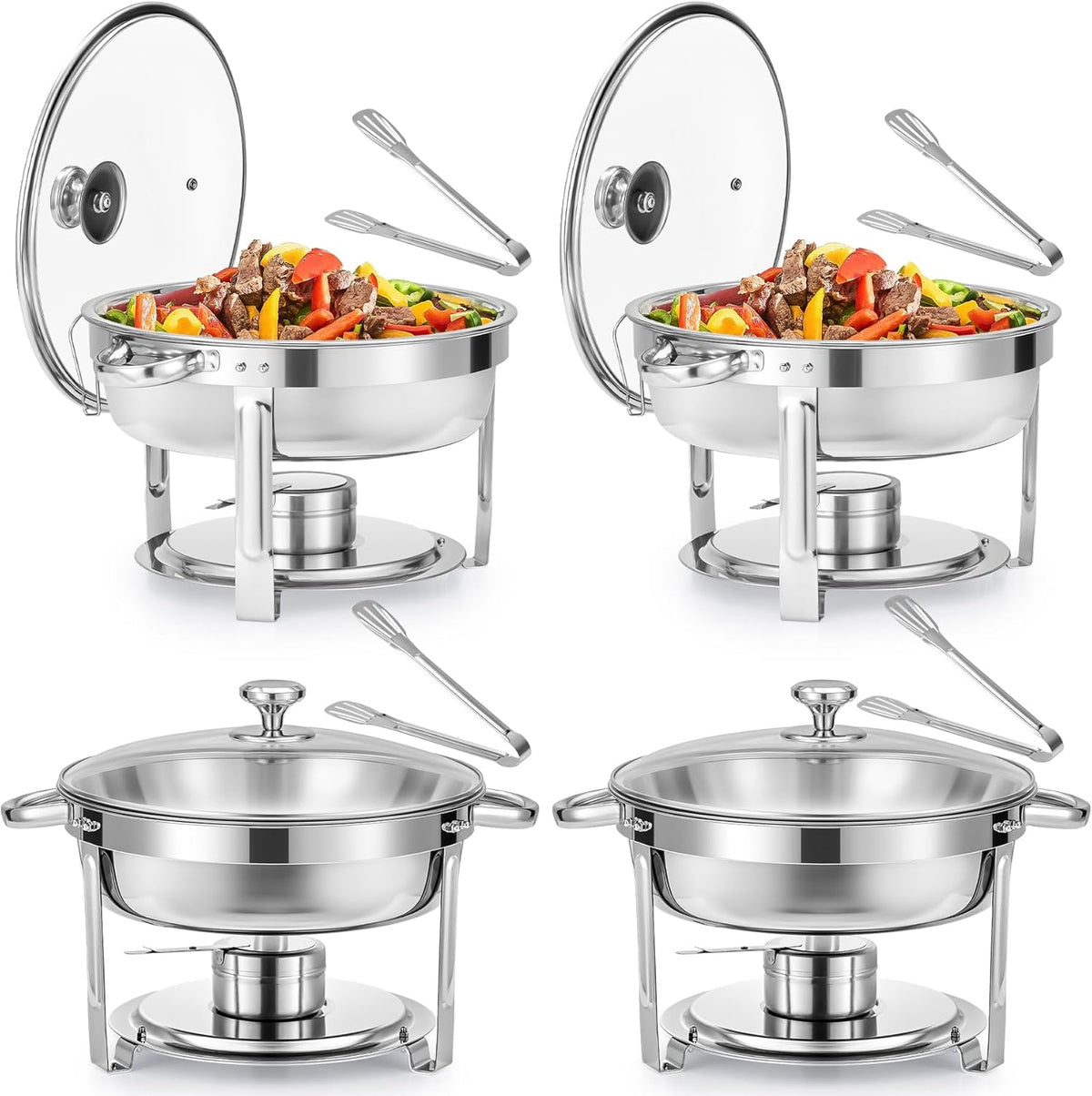 Wilprep Chafing dish rond met glazen deksel, Buffet set van 4, RVS voedselwarmer kit 5,5 liter, Bain Marie met brandpasta houder, voor partijen buffetten banketten diners