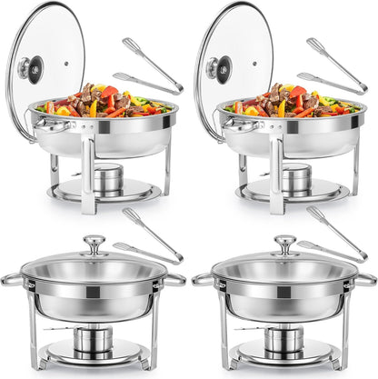 Wilprep Chafing dish rond met glazen deksel, Buffet set van 4, RVS voedselwarmer kit 5,5 liter, Bain Marie met brandpasta houder, voor partijen buffetten banketten diners