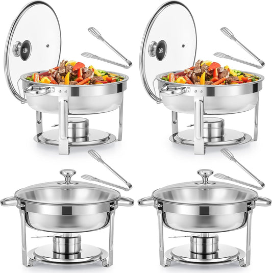 Wilprep Chafing dish rond met glazen deksel, Buffet set van 4, RVS voedselwarmer kit 5,5 liter, Bain Marie met brandpasta houder, voor partijen buffetten banketten diners