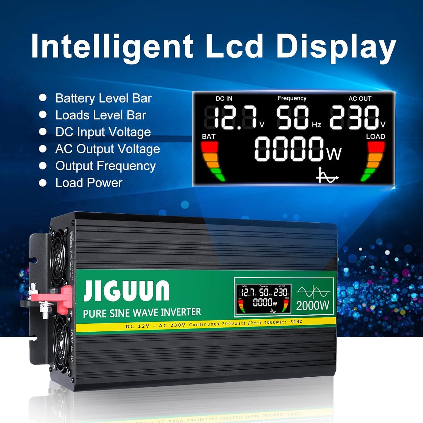 JIGUUN 2000W omvormer 12v naar 230v zuivere sinus inverter met draadloze afstandsbediening LCD-scherm 2 Eu-stopcontact & 1 USB-poort Piekvermogen 4000W voor auto, camping, reizen