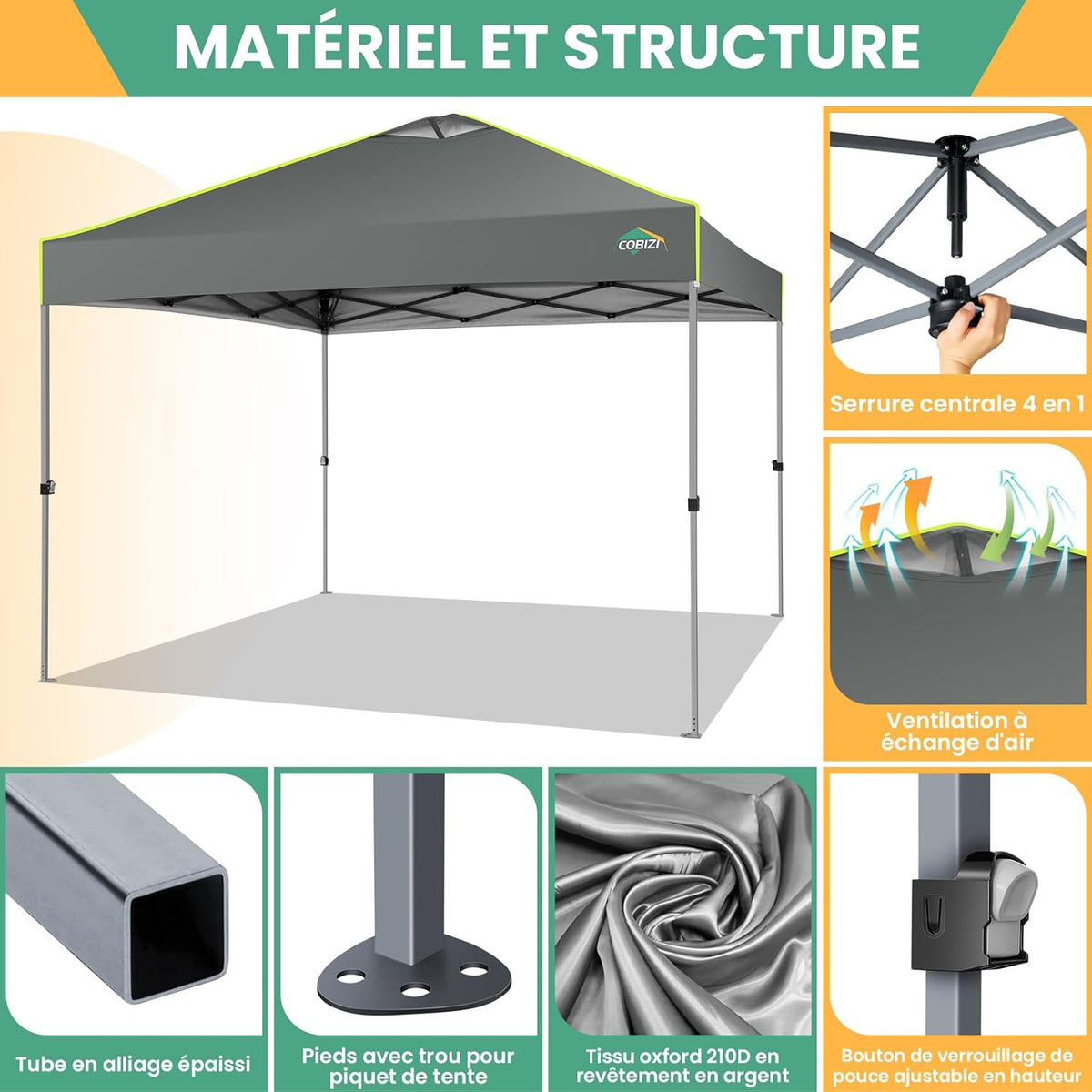 cobizi Paviljoen, 3x3 vouwpaviljoen, waterdicht, winterbestendig, centrale vergrendeling met één knop, partytent, opvouwbaar, anti-uv met fluorescerende strepen, 4 zijwanden, 3 hoogteverstelbaar,