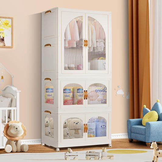 Kalolary 3 Verdiepingen Garderobe, Draagbare Garderobekast voor Hangkasten Portable Storage Wardrobe met 10 Hangers Kinderkast Opvouwbare Kledingkast voor Het Ophangen Van Kleding Opslagruimte
