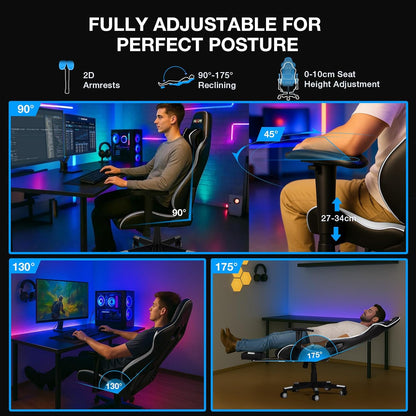Douxlife Gaming Stoel, met 7-punts Massage, Ergonomische bureaustoel met Voetensteun, 90-175° Rugleuning Instelbaar, Verstelbare 2D-Armleuning, PC-gamerstoel, Bureaustoel, 180 kg, Zwart-wit