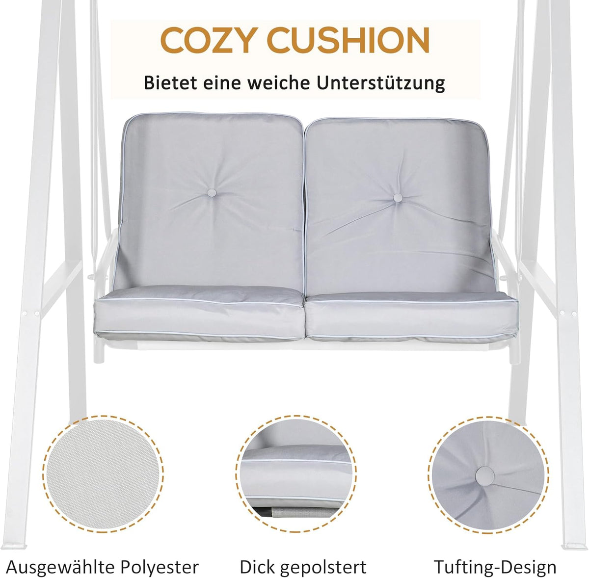 Outsunny Hollywoodschaukel 2-Sitzer Gartenschaukel mit Verstellbarem Dach, Kissen, Schaukelbank bis 220 kg Load Bar, für Garten, Balcony, Grau, 145 x 116 x 172 cm - QUORE