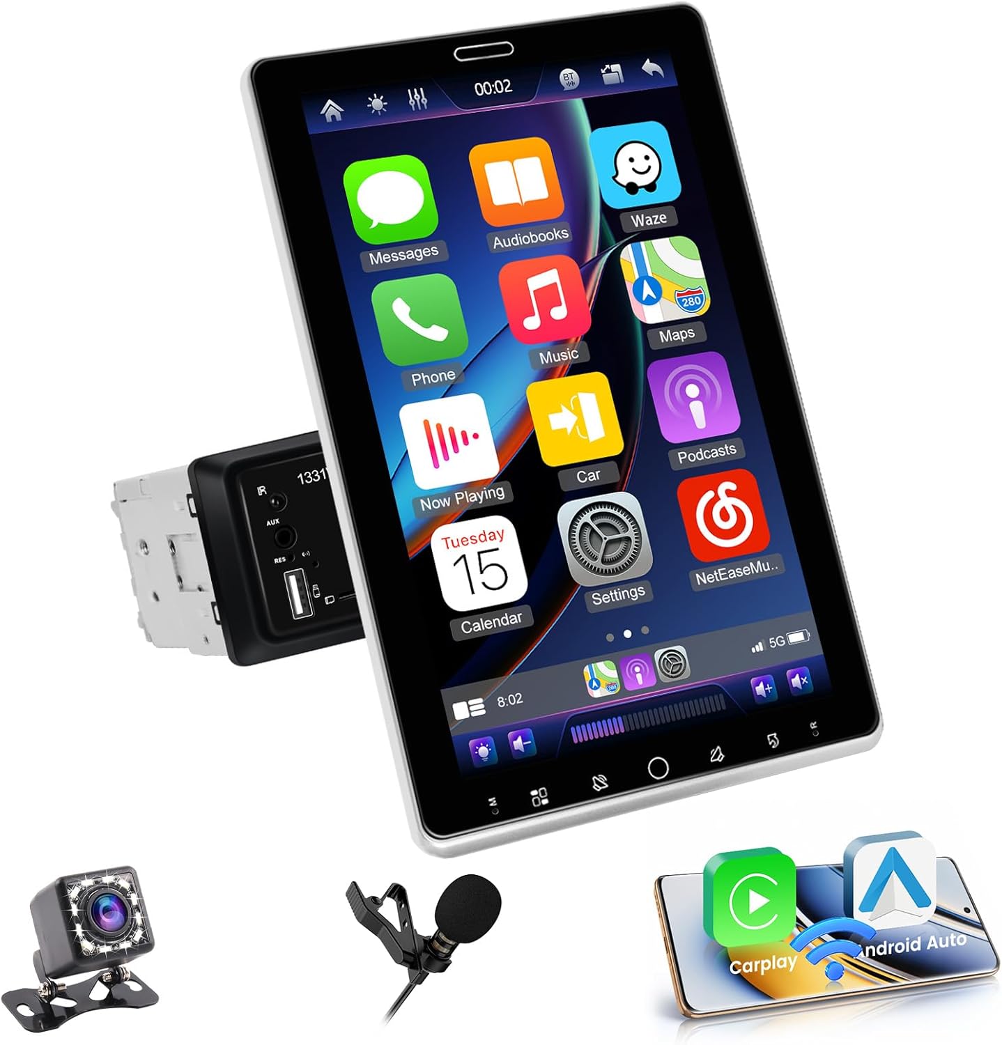 Hikity 1 Din Autoradio met 10,1 inch IPS draaibaar touchscreen, Bluetooth 5.2 Wireless Carplay Andriod Auto FM AM RDS radio met USB AUX IN TF Card EQ SWC autoradio achteruitrijcamera Mirror Link DVR