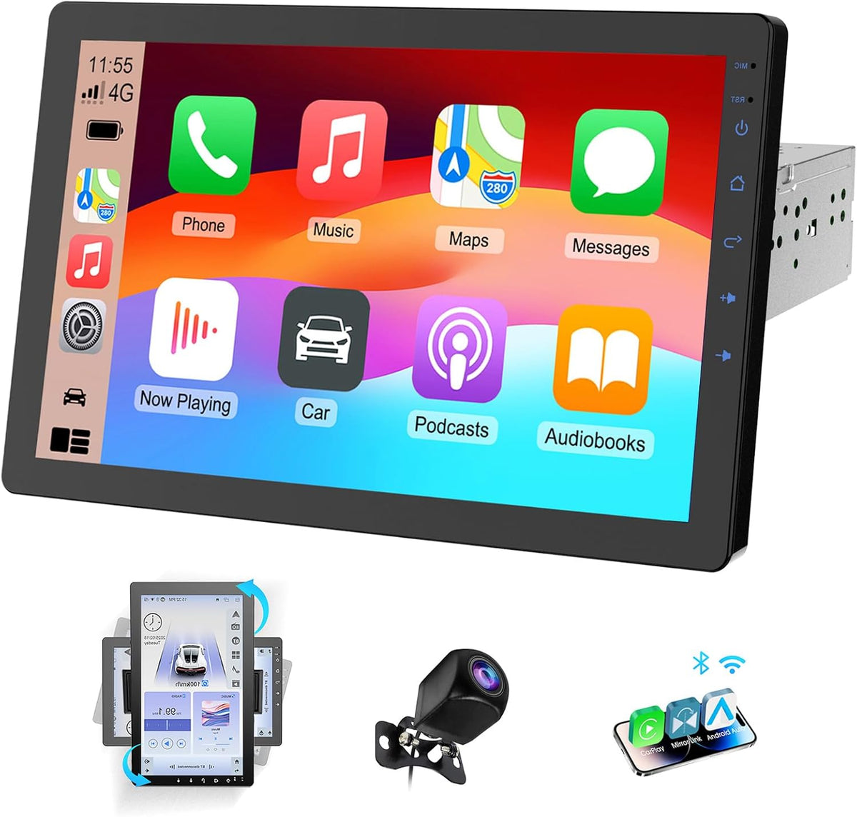 Haudio 360° Draaibare Autoradio, 1 DIN Bluetooth Stereo met Draadloze Carplay & Android Auto, 10.1 inch IPS Touchscreen Carplay met Spiegellink,Stembediening, RDS/FM/AM Radio, 720P Achteruitrij Camera