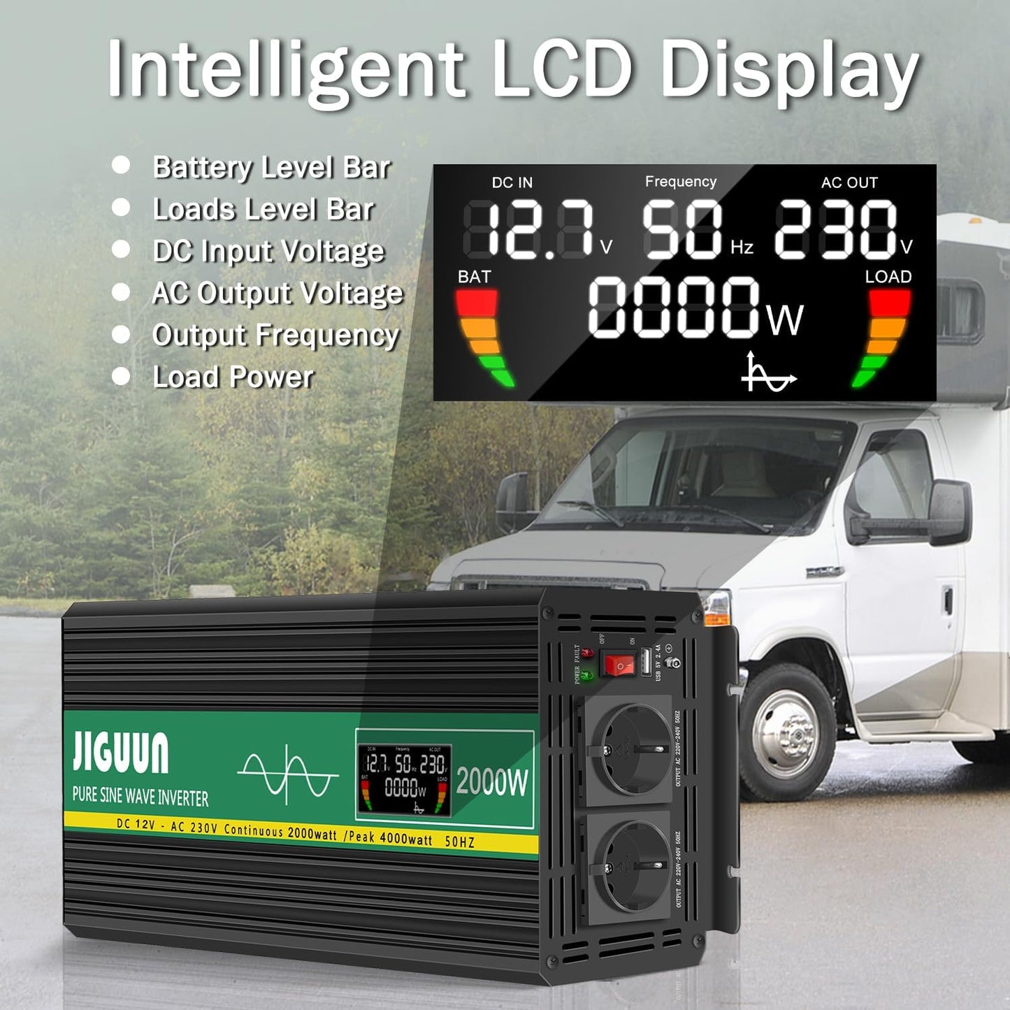 JIGUUN 2000W omvormer 12v naar 230v zuivere sinus Converter inverter met draadloze afstandsbediening LCD-scherm 2 EU & 1 USB-poort Piekvermogen 4000W voor auto, camping, reizen,noodgeval