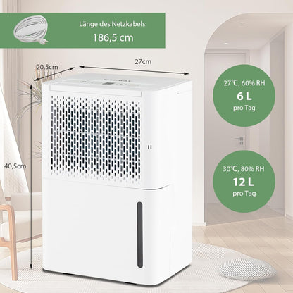 FANTASK 12L/dag luchtontvochtiger, kamergrootte ca. 15 m², elektrische ontvochtiger met 3 modi, waterreservoir van 2,2 liter, 24-uurs timer, ≤ 42 dB, automatisch ontdooien en uitschakelen, wit