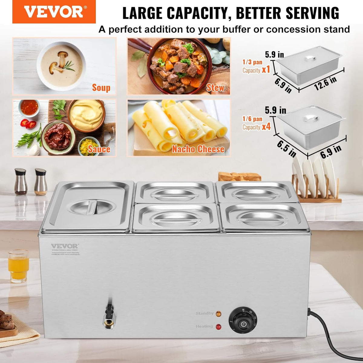 VEVOR Commerciële voedselverwarmer, 14,5 liter, 1 x 1/3 + 4 x 1/6 grootte, elektrische warmhoudplaat, 1200 W, werkblad van roestvrij staal, buffet-Bain-Marie, temperatuurregeling van 30-85 °C