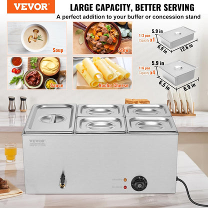 VEVOR Commerciële voedselverwarmer, 14,5 liter, 1 x 1/3 + 4 x 1/6 grootte, elektrische warmhoudplaat, 1200 W, werkblad van roestvrij staal, buffet-Bain-Marie, temperatuurregeling van 30-85 °C