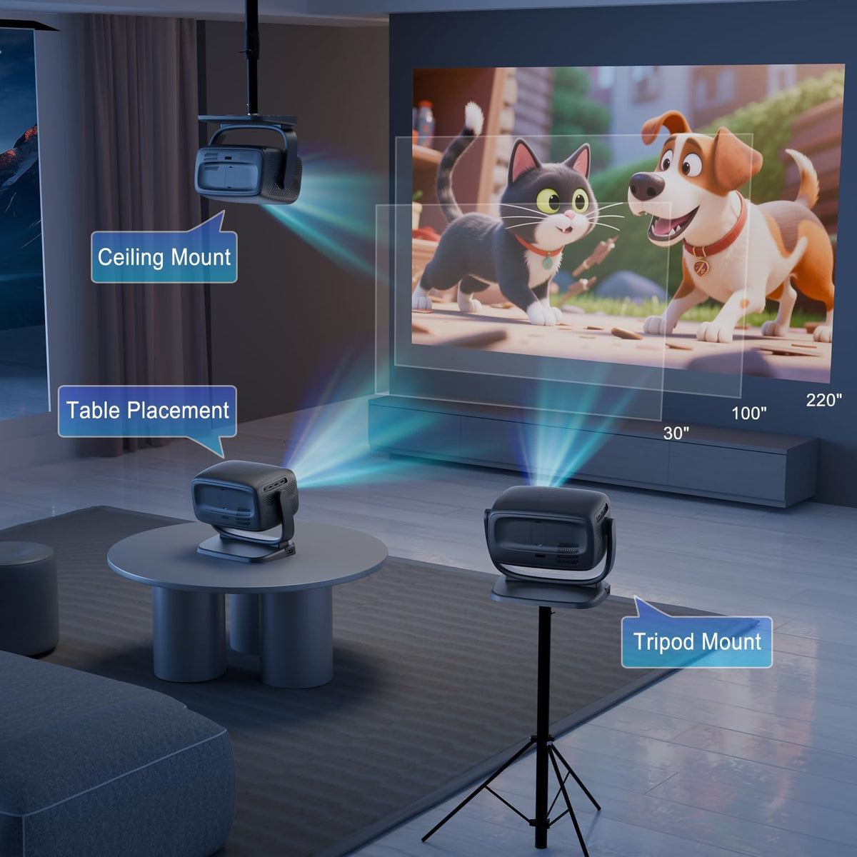 Beamer 4K [elektrische focus/180° draaien] 26.000Lux thuisbioscoop projector met wifi 6 en Bluetooth, Zoom, trapeziumcorrectie, native 1080p, overheadprojector voor iOS/Android smartphone