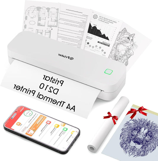 Pristar D210 Thermal Printer A4, Portable Printer Compatible with iOS/Android and Laptops, Mobile Printer A4 for on the go, Office, Car, School, Home, Bluetooth Thermal Printer, Tattoo, White - QUORE