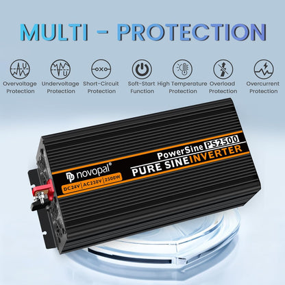 Zuivere sinusomvormer – Spanningsomvormer – Auto-omvormer – Camper-omvormer – 24V DC naar 230V/240V omvormer – 2500 W continu vermogen, 5000 W piekvermogen – 2 AC-Stopcontacten en 5 m afstandsbediening