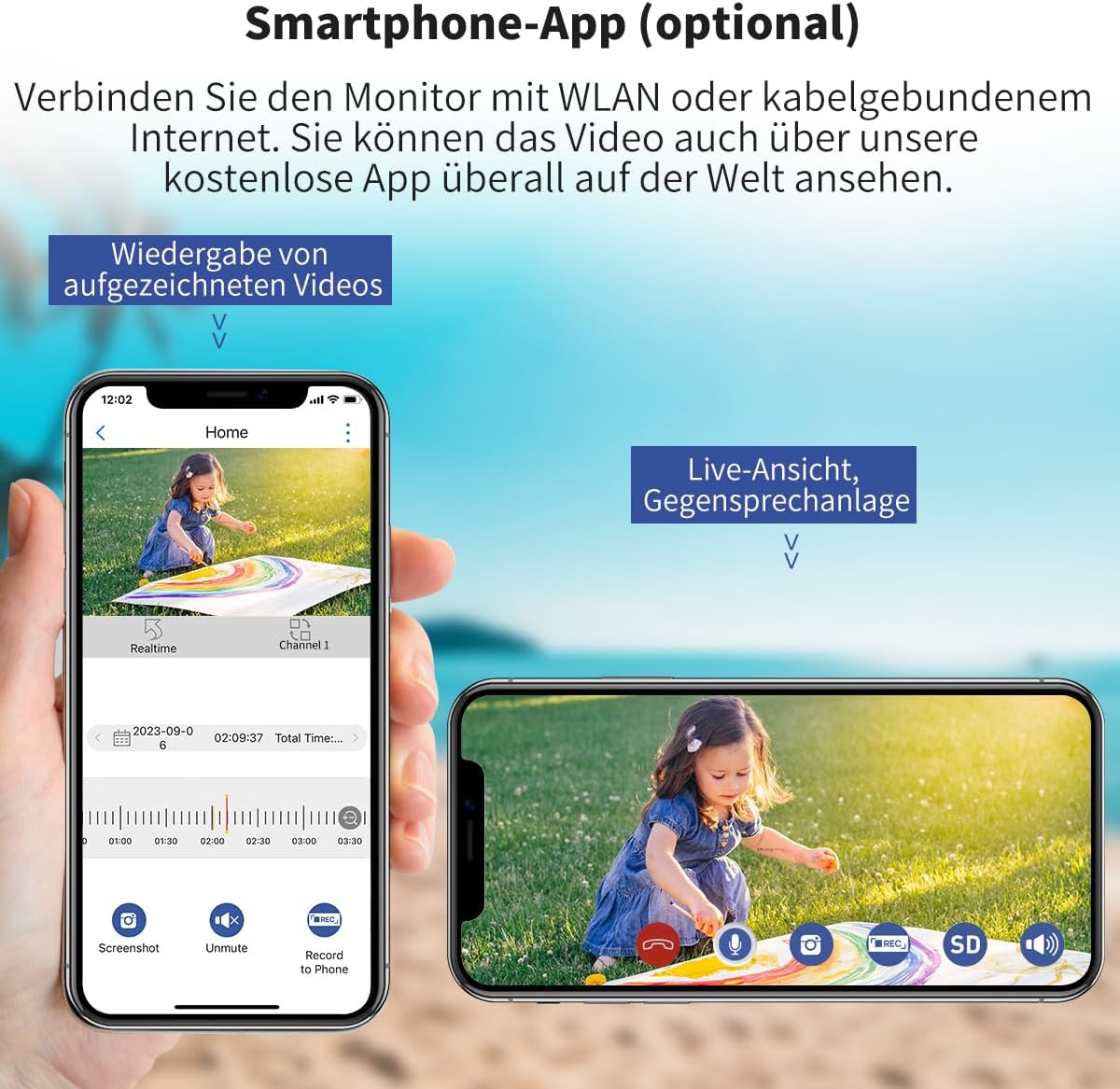 SecuFirst Bewakingscamera voor buiten, kit met binnenmonitor, 7 inch touchscreen met 2 TB uitbreidbaar geheugen, werken zonder wifi, 2K camerabewaking buiten, 32 GB lokaal geheugen.