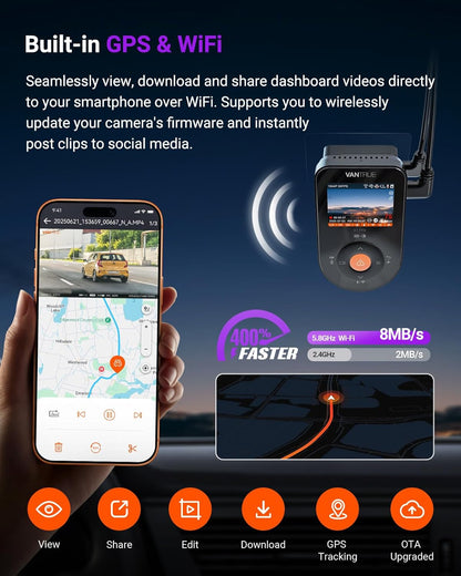 VANTRUE S1 Pro 1CH 2.5K 60FPS Verborgen Dashcam 5GHz WiFi ADAS, STARVIS 2 Platepix Nachtzicht, Dashcam Auto Front Spraakbesturing Dash Cam, GPS, 15 seconden Pre-opname Buffer Parking Mode, Max 1TB