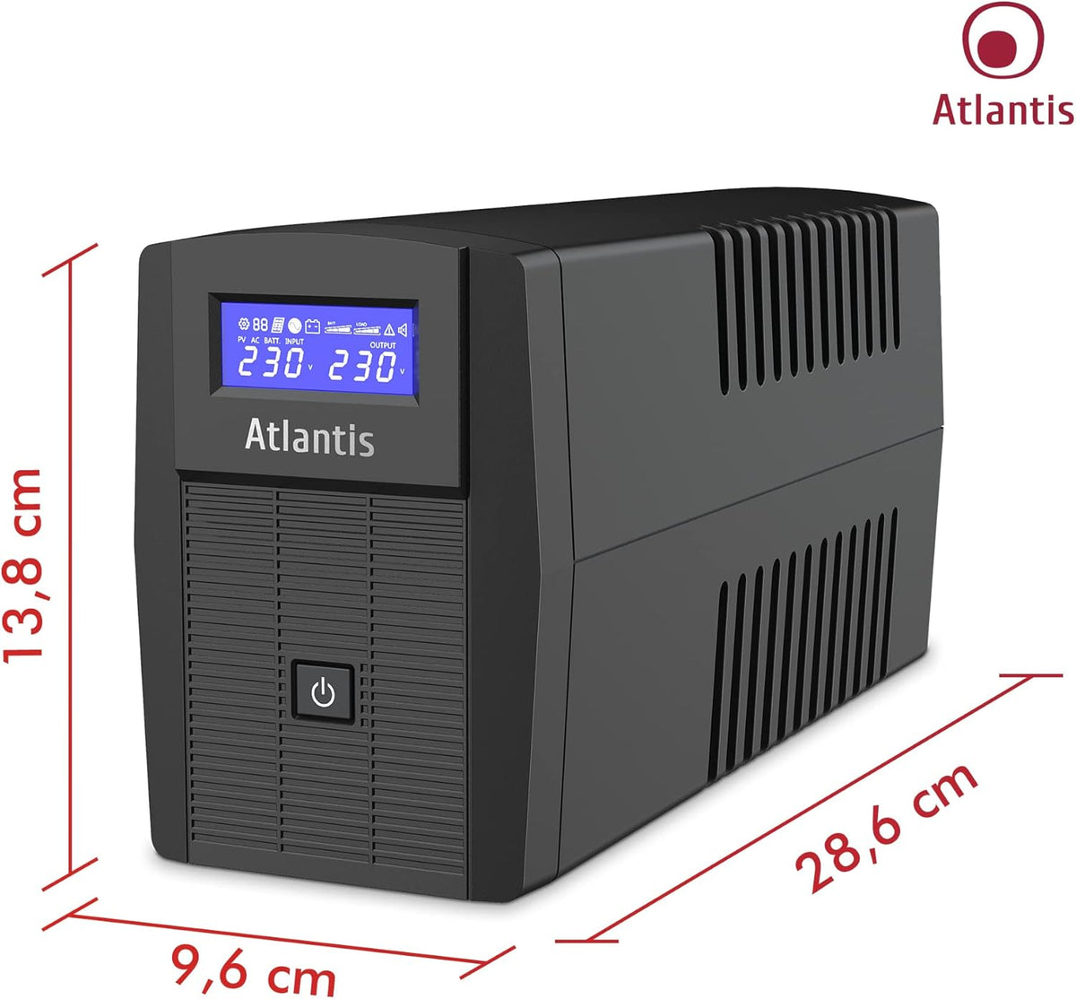 Atlantis A03-HP1003 Ononderbroken stroomvoorziening, zuivere sinusgolf, 800 VA 480 W Line Interactive, LCD-display, USB-HID-aansluiting, 2 Shuko-uitgangen + Alim-kabel, 1 accu 12 V-9 Ah,