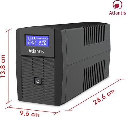 Atlantis A03-HP1003 Ononderbroken stroomvoorziening, zuivere sinusgolf, 800 VA 480 W Line Interactive, LCD-display, USB-HID-aansluiting, 2 Shuko-uitgangen + Alim-kabel, 1 accu 12 V-9 Ah,