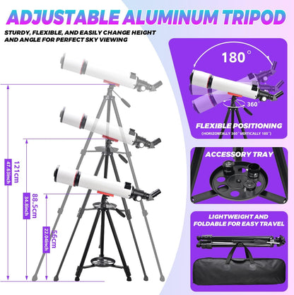 Astronomische telescoop voor volwassenen, opening 90 mm, refractieve telescopen van 600 mm, volledig meerlaagse draagbare astronomische refractortelescoop met statief