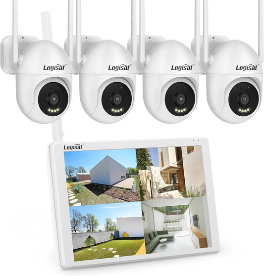 PTZ Bewakingscamera voor buiten met 10 inch monitor, 5 MP 10CH WiFi NVR, 4 stuks 360° PTZcamera met 24/7 opname, nachtzicht in kleur, automatische tracking, menselijke detectie, 1TB