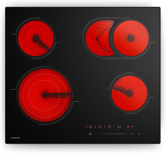 Klarstein Keramische kookplaat, 60 cm, 4 zones, 6700 W, touch-slider, timer en kinderbeveiliging, restwarmte-indicator, elektrische kookplaat voor moderne keukens