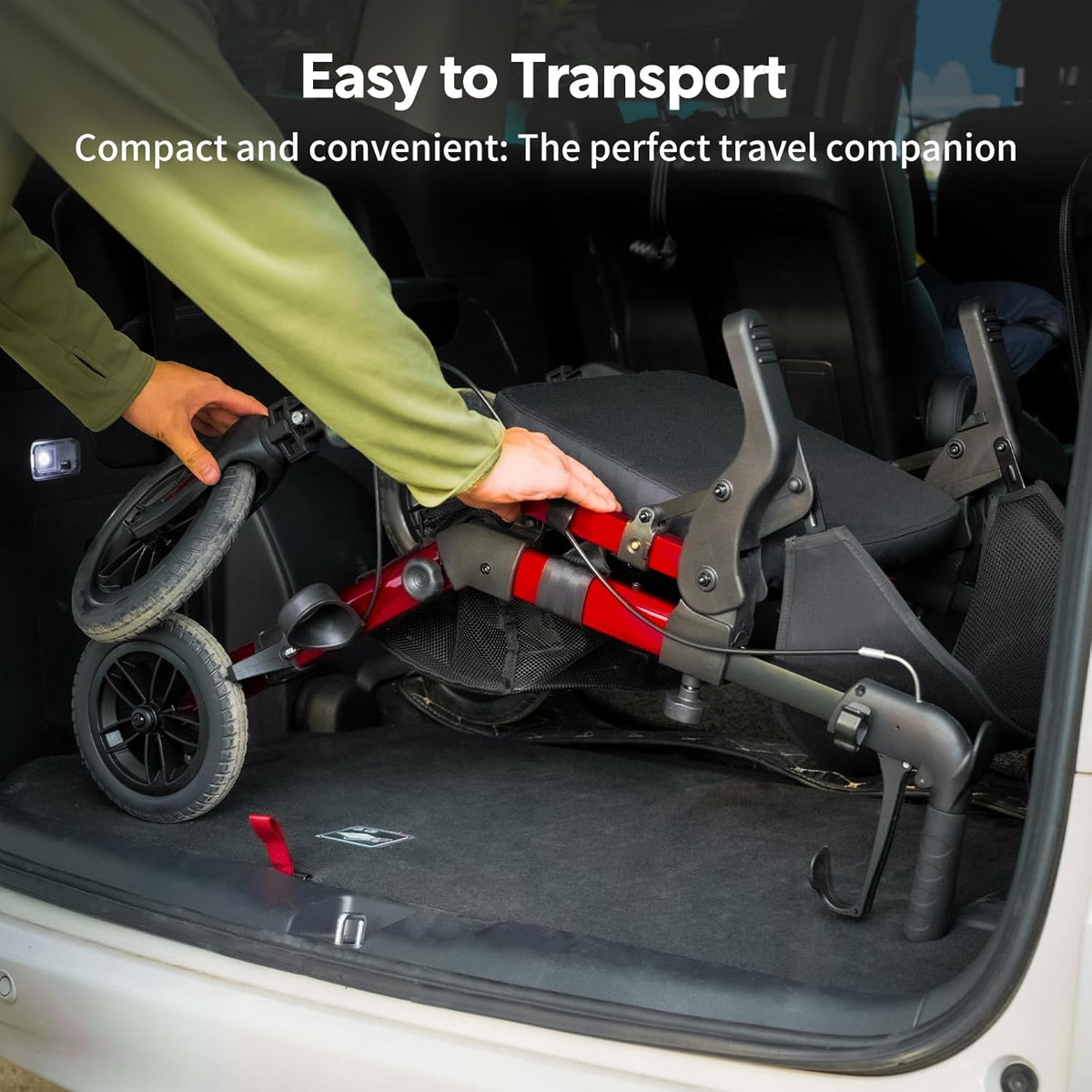 VOCIC 2 in 1 Rolstoel Rollator Opvouwbaar en Licht met Zitting, Outdoor Gumbanden voor Alle Terreinen, Lichtgewicht Rollatoren met Nettas, Aluminium Loophulp Transport-Stoel, Rood (5 Jaar