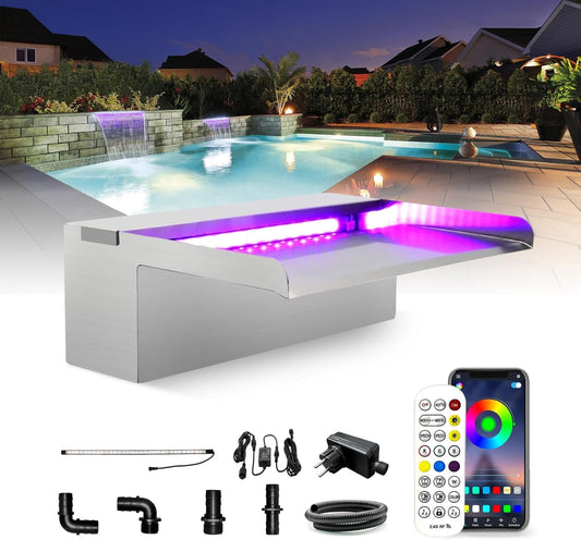 LONGRUN roestvrijstalen waterval overlaat, app-besturing Multi-colour LED-licht buitenzwembadfontein, water spillway koi vijver watervallen fonteinen kit voor tuin patio zwembad decoratie-30cm