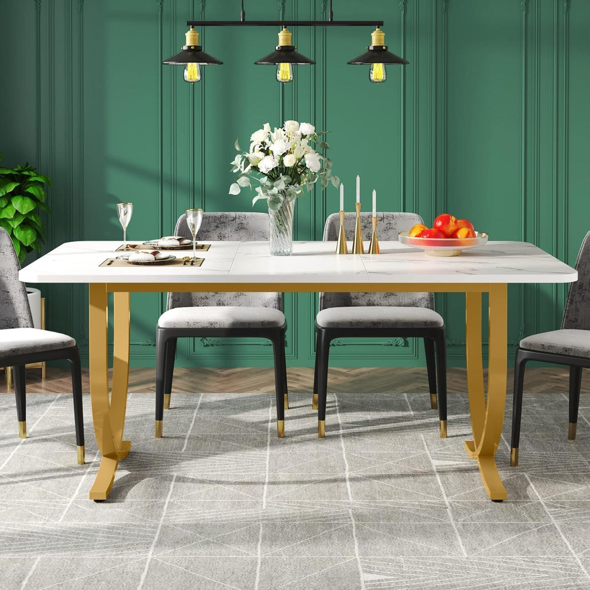 Tribesigns Rectangular Dining Table for 4 to 6, 160cm White and Gold Modern Kitchen Table with Faux Marble Tabletop and Metal Legs for Dining Room, Kitchen or Living Room