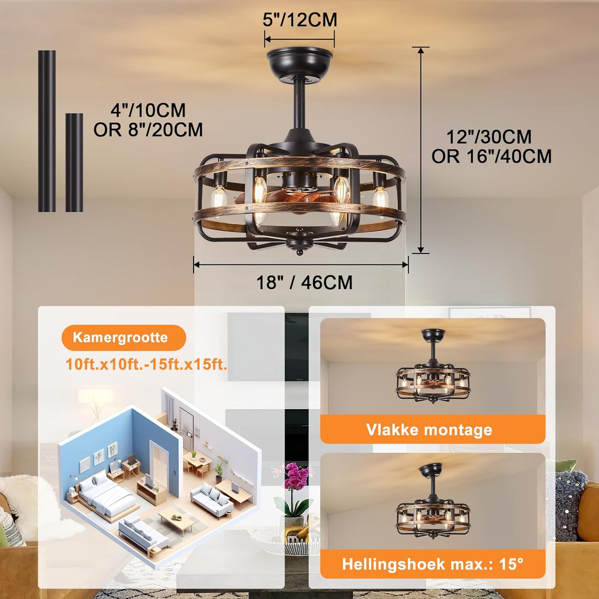 Plafondventilator met Verlichting Industriële Retro, Zwarte Metalen Kooi, Stille 3 Snelheden Reversibel Plafondventilator met Afstandsbediening, Vervangbaar 6x E14 Lamp voor Woonkamer Slaapkamer