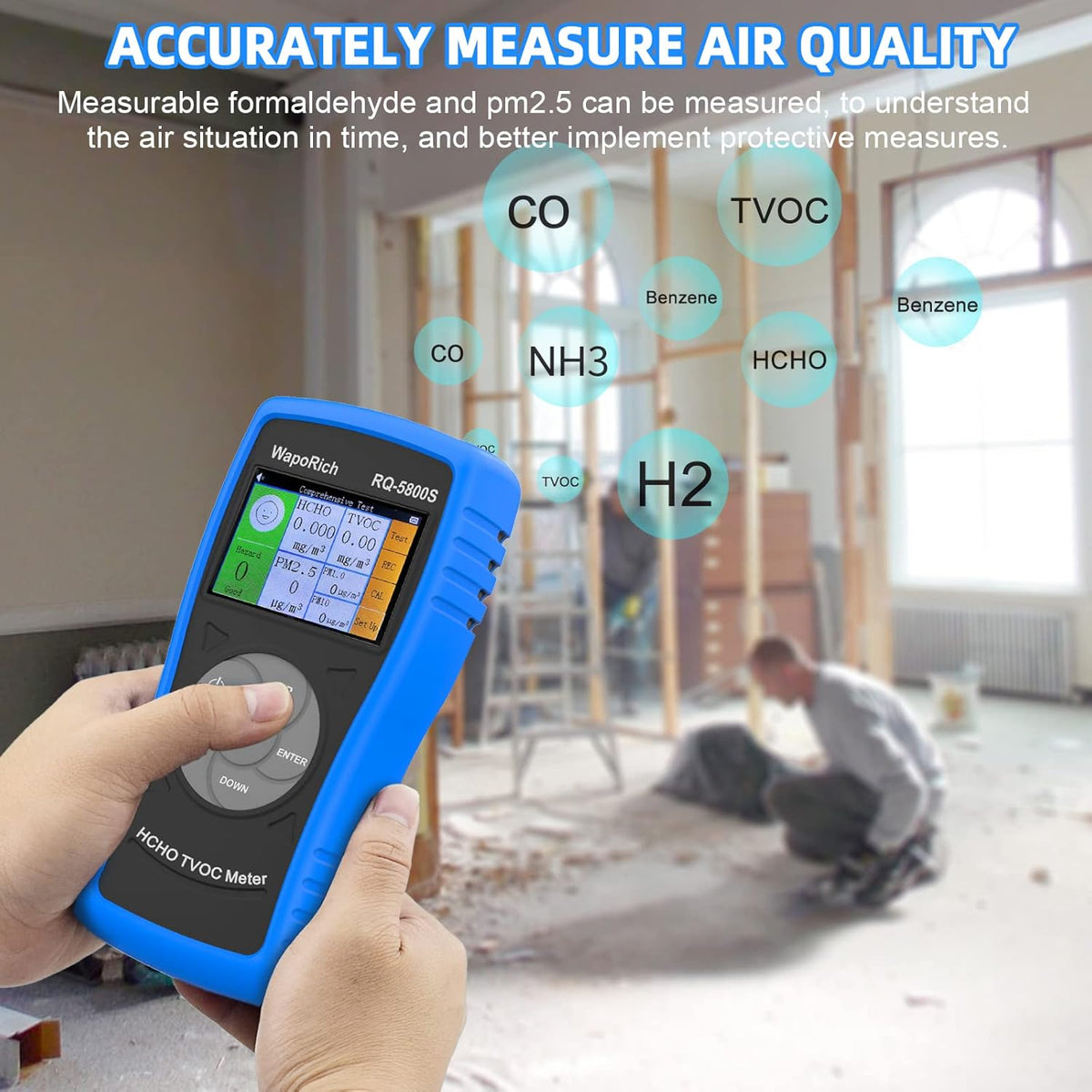 3-in-1 luchtkwaliteitsmonitor RQ-5800S, formaldehyde-detector, TVOC, HCHO-monitor voor het testen van PM2,5, PM10, HCHO, TVOC, USB-oplaadbaar, voor binnen, buiten, slaapkamer