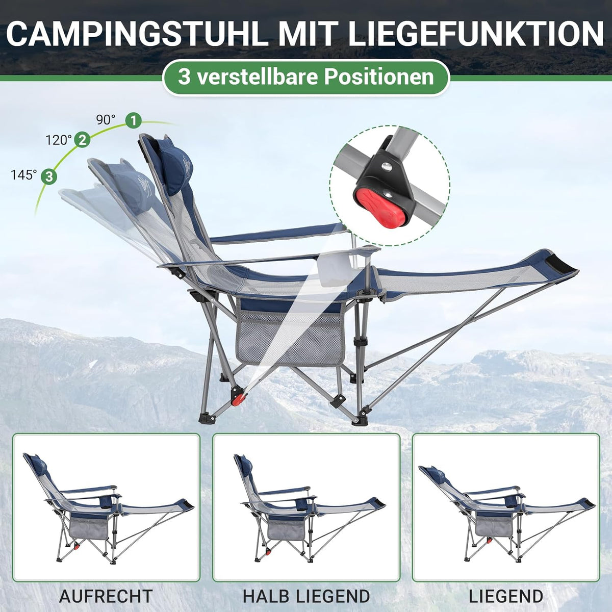#WEJOY 2-in-1 campingstoel, opvouwbaar, strandstoel met verstelbare rugleuning en voetensteun, relaxstoel, ligstoel met bekerhouder, ligstoel voor outdoor camping