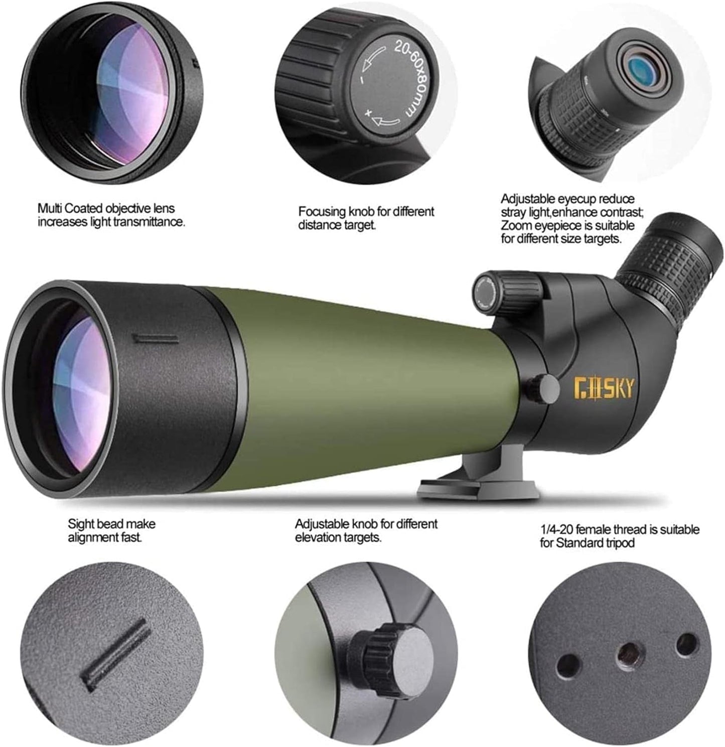 Gosky BAK4 Spotting scope, schuine spotting voor het schieten van doelen, jacht, vogelobservatie, wildobservatie, met smartphone-adapter en camera-adapter voor Nikon