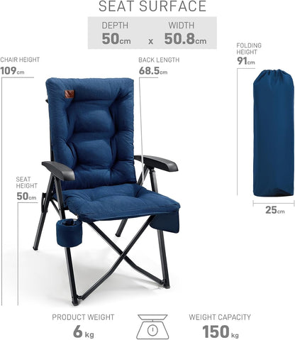 EVER ADVANCED Opvouwbare campingstoel, rugverstelling in 4 standen, belastbaar tot 150 KG, 6 cm dik gepolsterd met zijvak, drankhouder, tuinstoel met hoge rugleuning, visstoel voor kamp, tuin, balkon