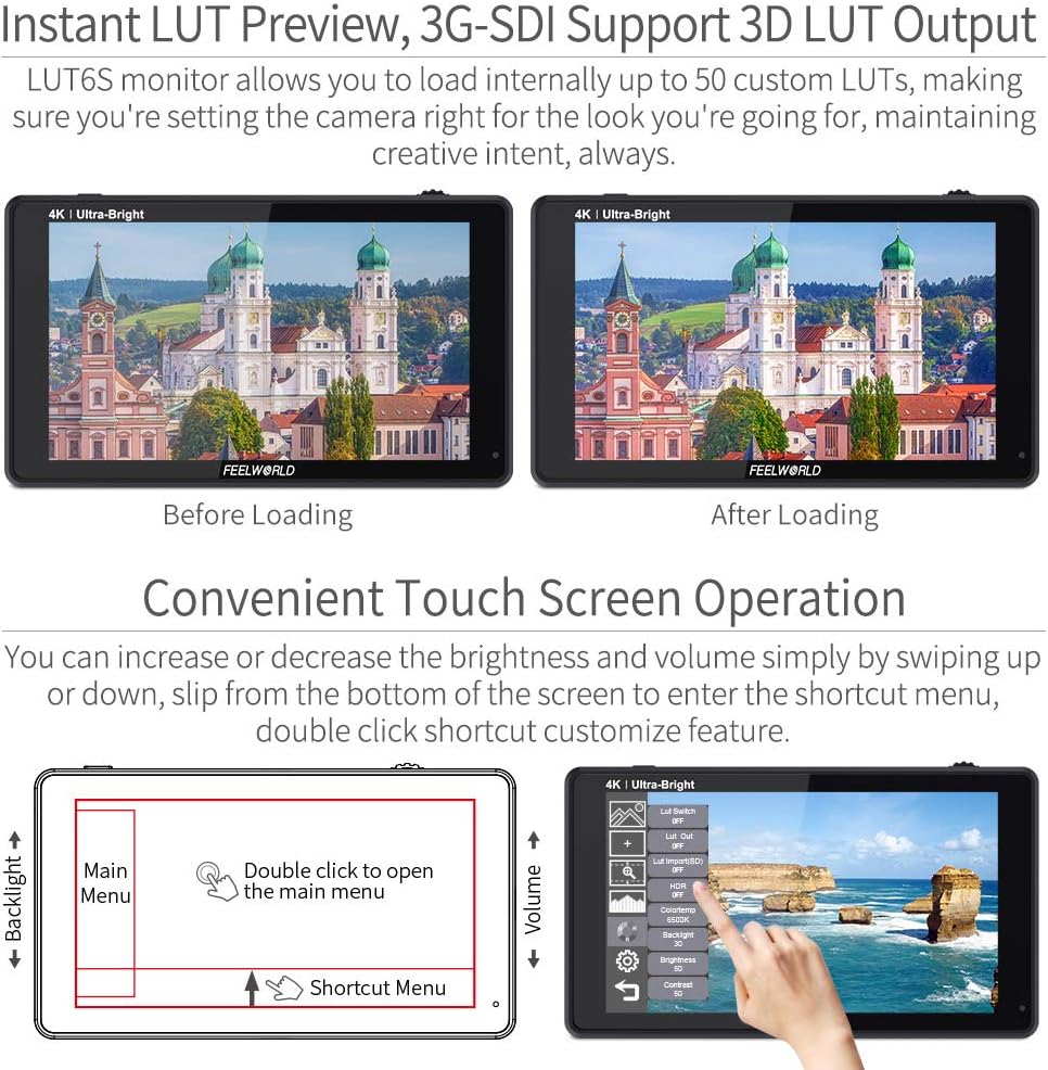 FEELWORLD LUT6S 2600Nit Camera Field Monitor 6 Inch TouchScreen 1920x1080 IPS Veldmonitor met 3G-SDI&4K HDMI Ingang/Loop Uitgang,3D LUT,HDR Golfvorm,Peak Focus DSLR Video Assist,Tilt Arm