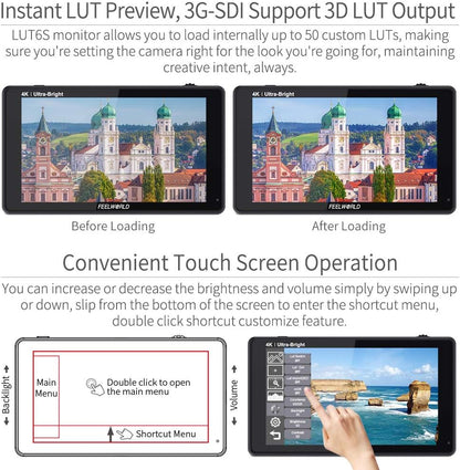FEELWORLD LUT6S 2600Nit Camera Field Monitor 6 Inch TouchScreen 1920x1080 IPS Veldmonitor met 3G-SDI&4K HDMI Ingang/Loop Uitgang,3D LUT,HDR Golfvorm,Peak Focus DSLR Video Assist,Tilt Arm