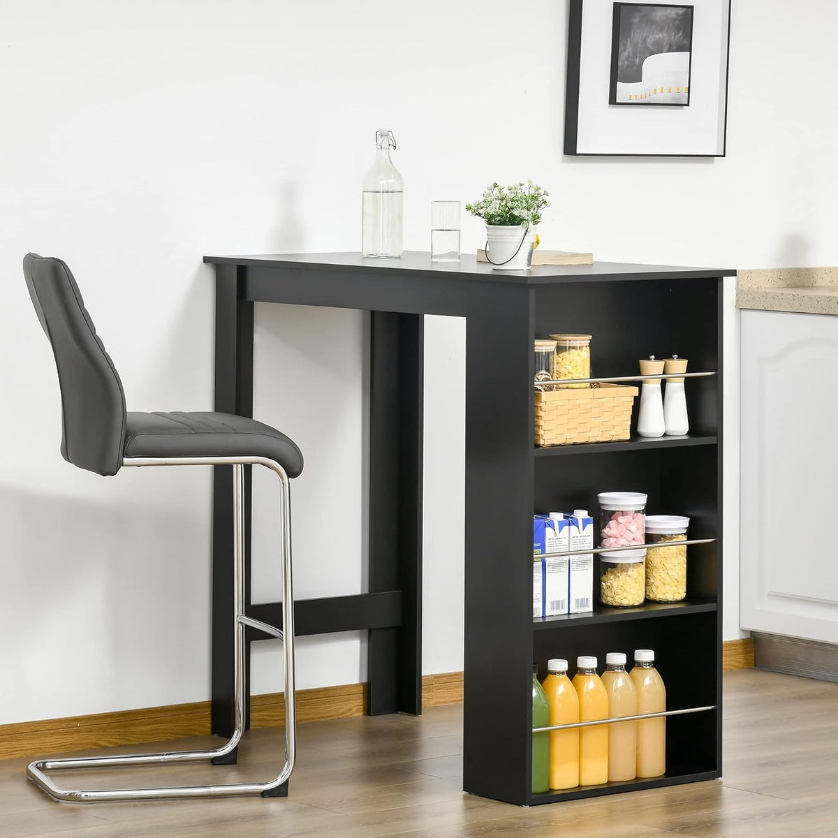 HOMCOM bar table modern dining table desk with 3 storage surfaces black chipboard 112 x 57 x106 cm - QUORE