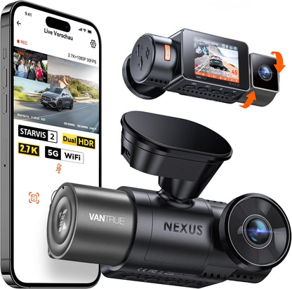VANTRUE N2X 2,7K+1080P dashcam auto-interieur, STARVIS 2 Dual HDR nachtzicht dashcam, 2,5K/60FPS voorkant, GPS, WiFi, app en stembediening, 2″ 323° dashcam 24/7 parkeermodus, G Sensor, maximaal .512G