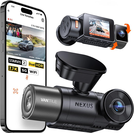 VANTRUE N2X 2,7K+1080P dashcam auto-interieur, STARVIS 2 Dual HDR nachtzicht dashcam, 2,5K/60FPS voorkant, GPS, WiFi, app en stembediening, 2″ 323° dashcam 24/7 parkeermodus, G Sensor, maximaal .512G
