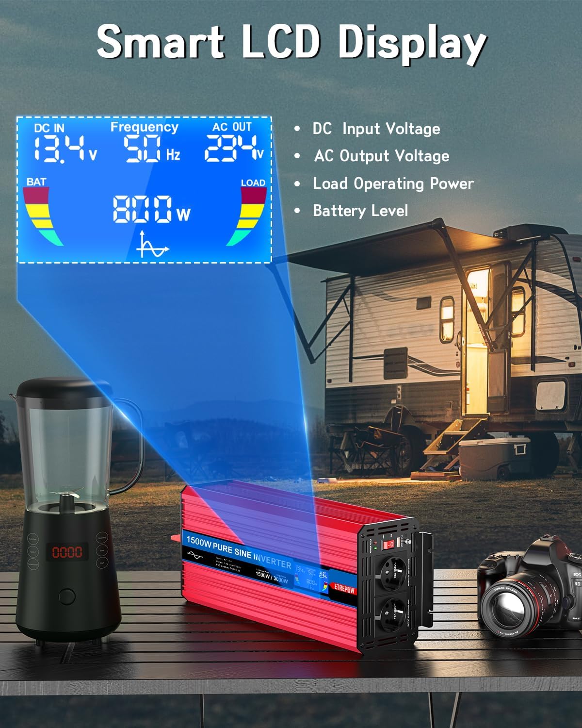 1500w/3000W Omvormer Zuivere Sinus Spanningsomvormer 12v 230v met 2 EU-Stopcontacten en 2.1A USB-Poort,draadloze afstandsbediening LCD-scherm