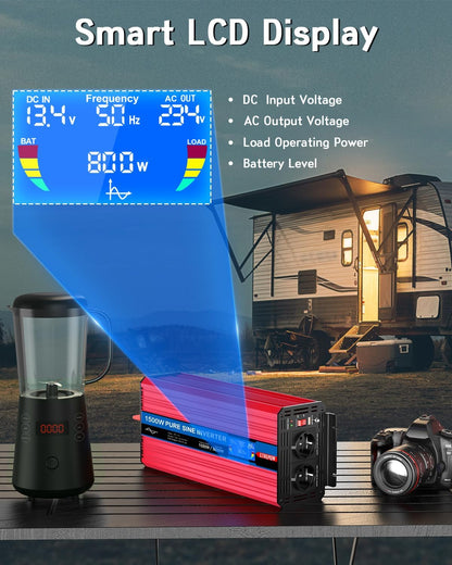 1500w/3000W Omvormer Zuivere Sinus Spanningsomvormer 12v 230v met 2 EU-Stopcontacten en 2.1A USB-Poort,draadloze afstandsbediening LCD-scherm
