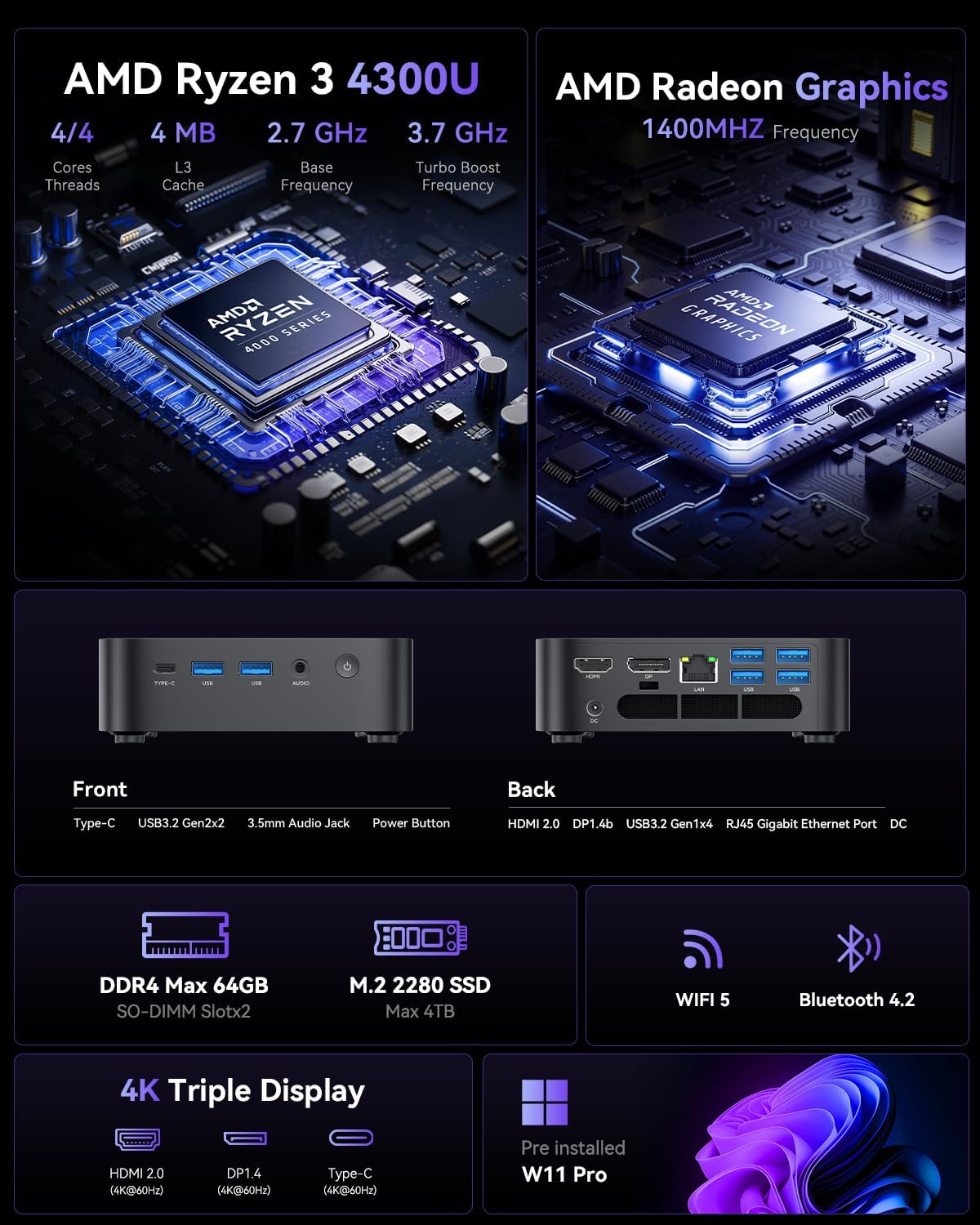 ACEMAGICIAN Vista Mini V1 Mini-pc, in11 Pro alder Lake-N97 (tot 3,6 GHz), 16 GB DDR4 1TB SSD Micro Desktop Computer|HDMI+DP|USB3.2