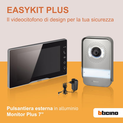 Bticino 318913 Easykit Plus video-intercom voor 1 gezinshuis, plug-in met 2 draden, 1 externe knop met bel en camera, 1 interne monitor 7 inch in kleur met handsfree, uitbreidbaar voor twee families