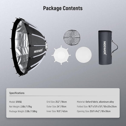 NEEWER 26inch/65cm Parabolic Softbox Quick Set-up Quick Folding, met Diffusers/Honingraat Grid/tas, Compatibel met Aputure 120d Light Dome Godox sl60w NEEWER RGB CB60 en andere Bowens Mount Lights