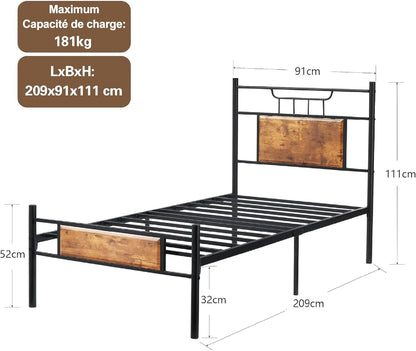 VECELO Bedframe 90 x 200 cm, eenpersoonsbedbodem met houten hoofdeinde, lattenbodem van hoogwaardig staal, opslag onder het bed, eenvoudige montage, bruin
