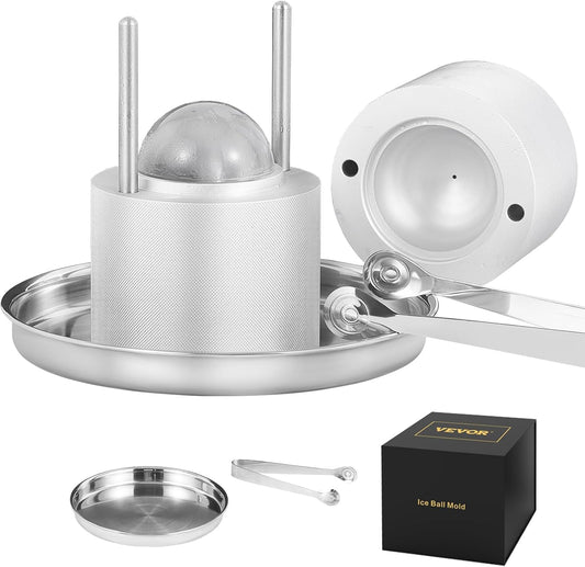 VEVOR IJsbalpers, 2,4 inch ijsbalmaker, vliegtuigen Al Alloy Ice Ball Press Kit voor 60 mm ijsbol, ijspers met tang en druppelbak, voor whisky, cocktail, bourbon, scot op feest en vakantie, zilver