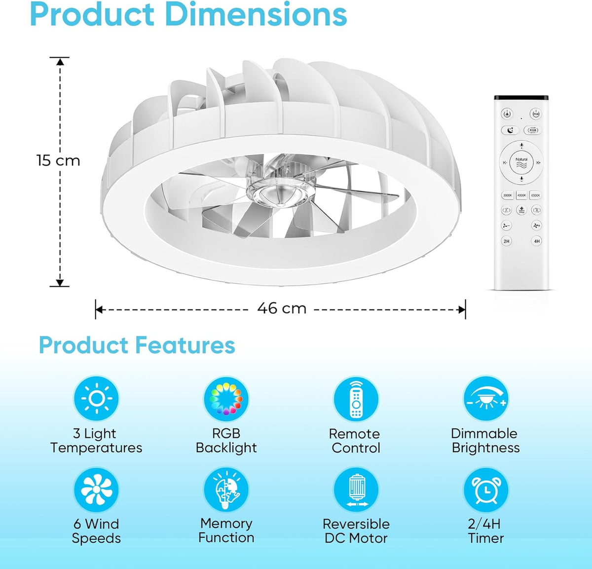 46 cm plafondventilator met verlichting en afstandsbediening, stil, 6 snelheden, lamp met ventilator, 3000K-6500K & RGB-achtergrondverlichting, plafondlamp met ventilator voor de slaapkamer