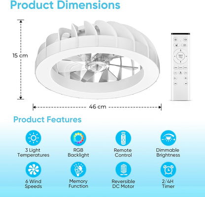46 cm plafondventilator met verlichting en afstandsbediening, stil, 6 snelheden, lamp met ventilator, 3000K-6500K & RGB-achtergrondverlichting, plafondlamp met ventilator voor de slaapkamer