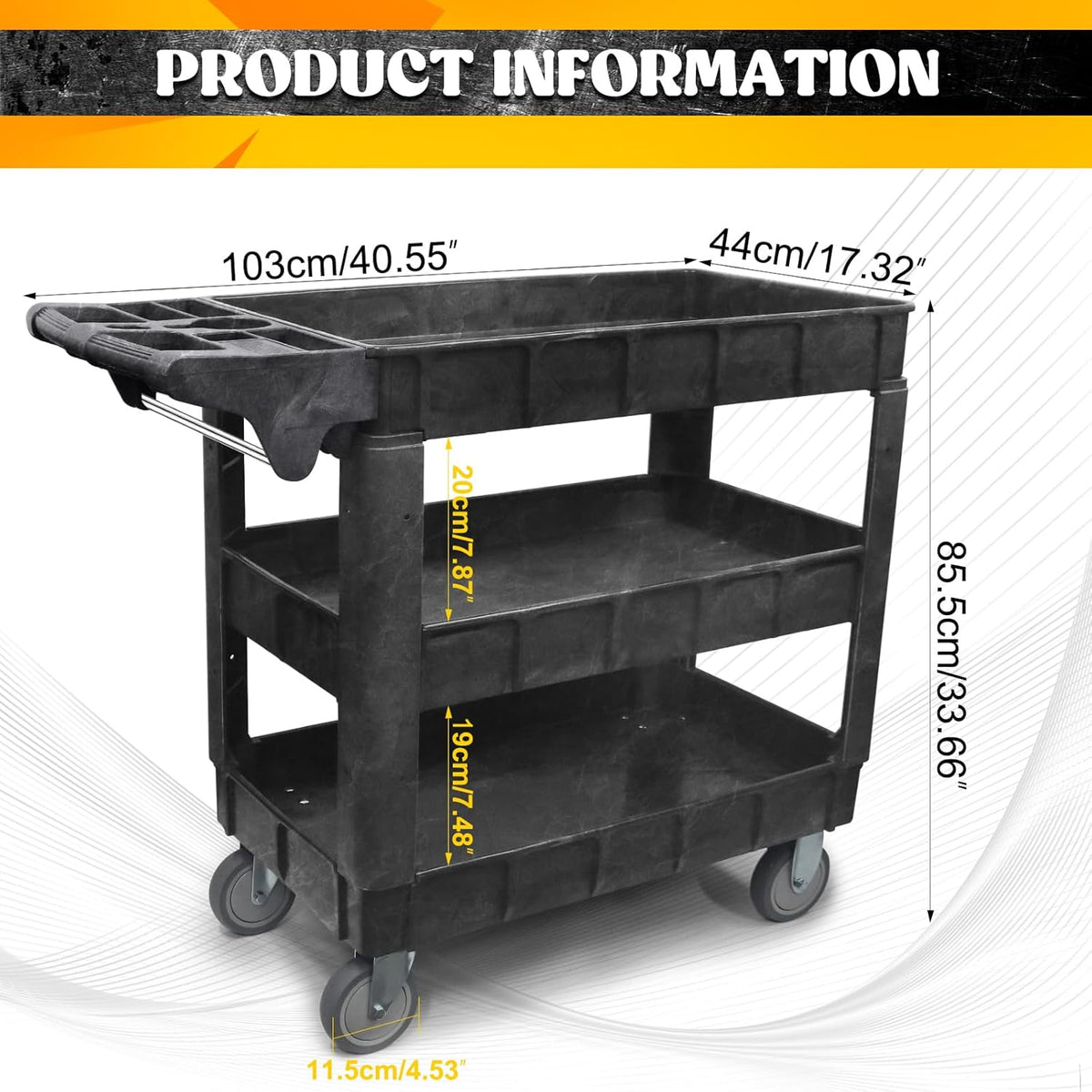 Opbergkar – Gereedschapswagen, Opbergwagen, Servicekar, Rollende Kar – 3-Laags, 2-In-1 Verstelbaar – Tot 259 Kg Draagvermogen, 5 Inch Zwenkwielen Met Rem