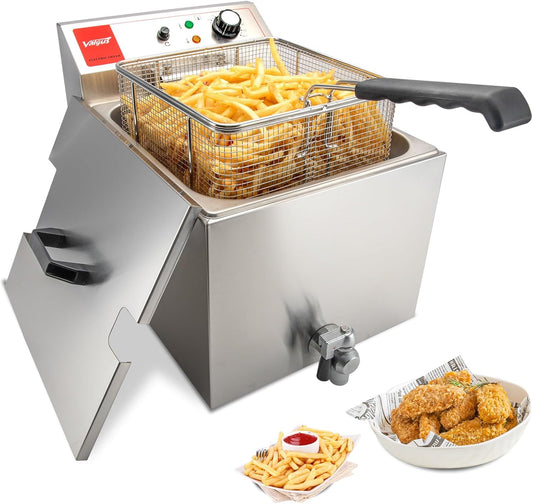 Valgus Professionele elektrische friteuse van roestvrij staal, 3300 W, 16 liter, grote keuken, friteuse met mand en deksel, afvoersysteem