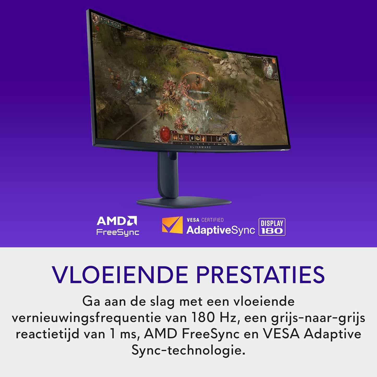 Alienware 34 Gaming Monitor - AW3425DWM, WQHD (3440x1440), 21:9 1500R Gebogen, 180Hz, VA, 1ms, AMD FreeSync Premium, VESA AdaptiveSync, 95% DCI-P3, HDR400, DisplayPort, 2 HDMI, 3 USB, 3 Jaar Garantie
