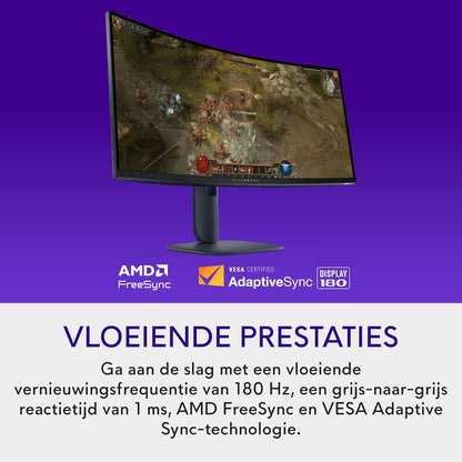 Alienware 34 Gaming Monitor - AW3425DWM, WQHD (3440x1440), 21:9 1500R Gebogen, 180Hz, VA, 1ms, AMD FreeSync Premium, VESA AdaptiveSync, 95% DCI-P3, HDR400, DisplayPort, 2 HDMI, 3 USB, 3 Jaar Garantie